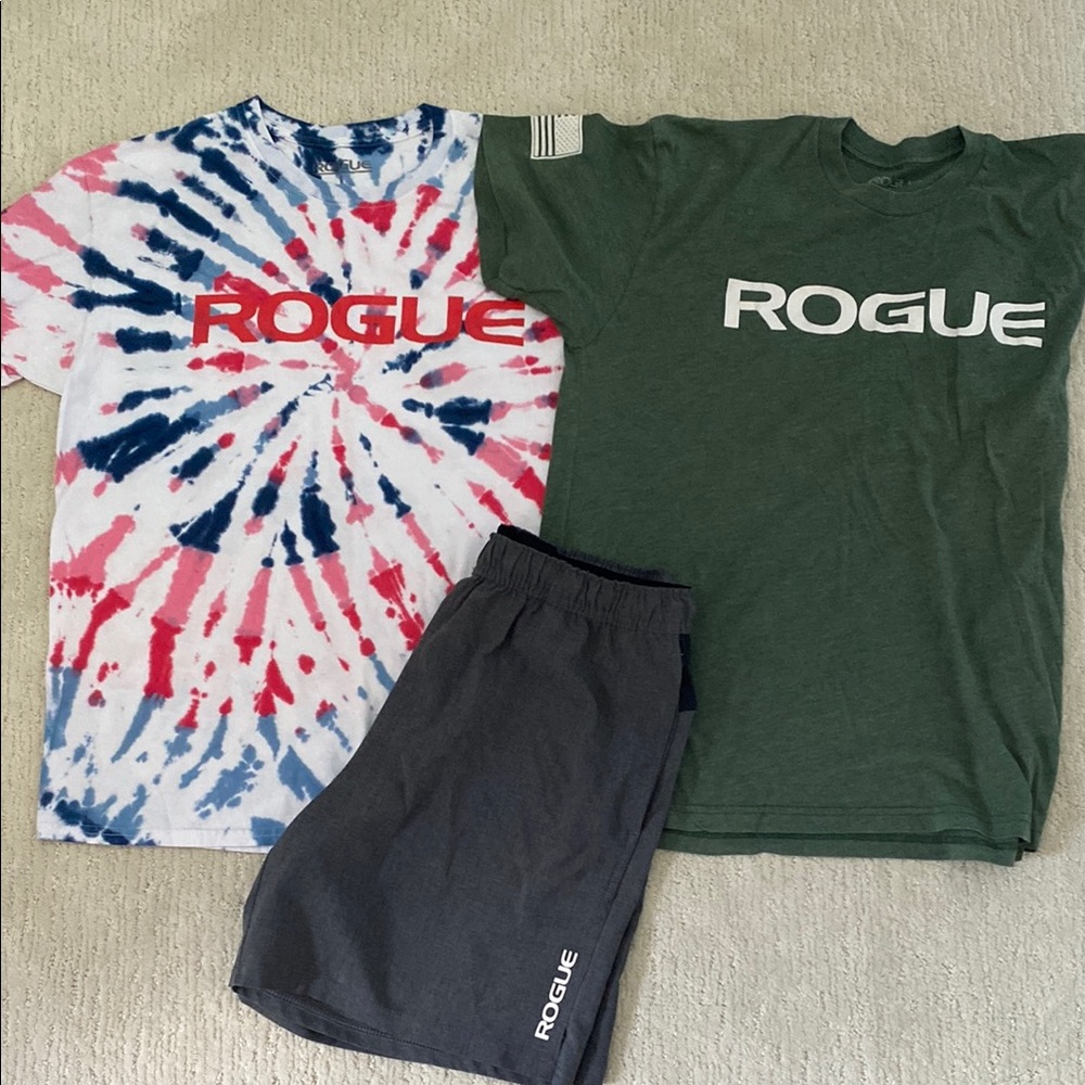 Rogue mens Tie-Dye T, Green T, and black & grey short Set.